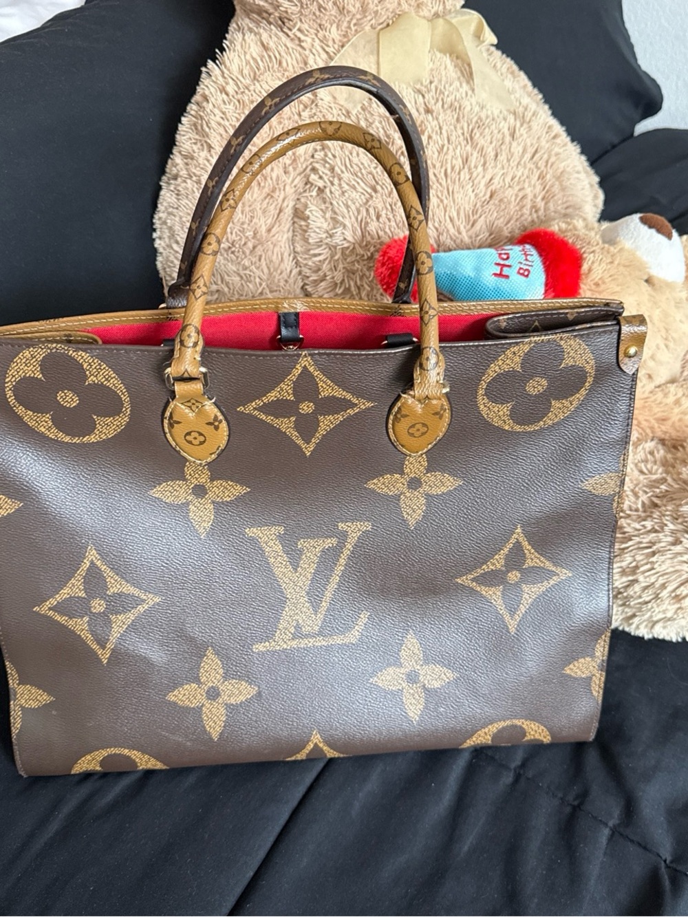 Louis Vuitton Brown Monogram Tote with Red Interior Accents